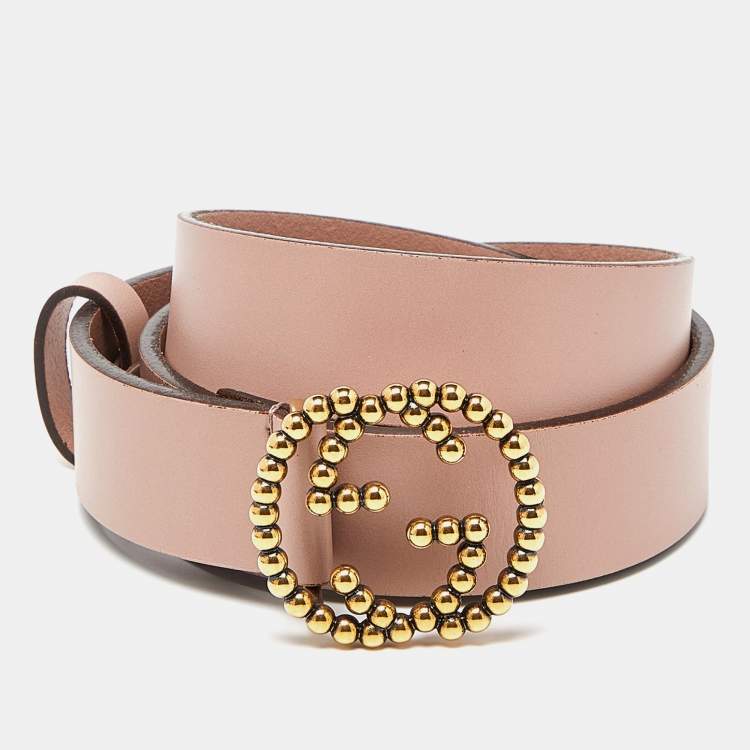 Pre Owned Gucci Pink Leather Studded Interlocking G Buckle Belt 90CM