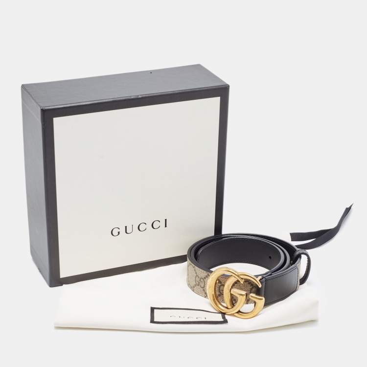 Pre Owned Gucci Black/Beige Canvas Coated and Leather GG Marmont Belt 75CM