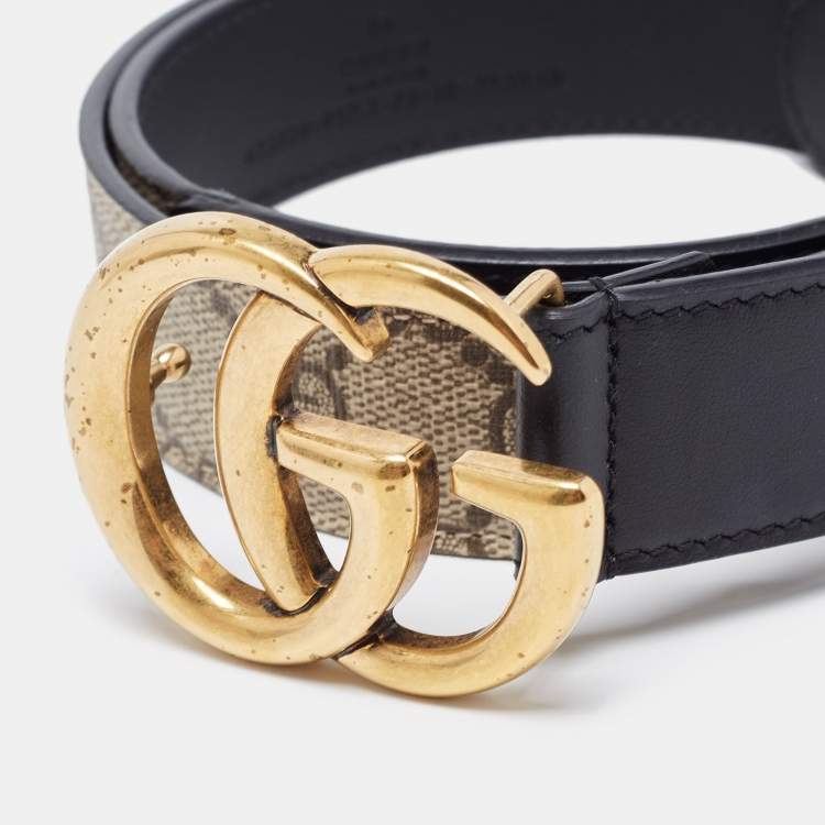 Pre Owned Gucci Black/Beige Canvas Coated and Leather GG Marmont Belt 75CM