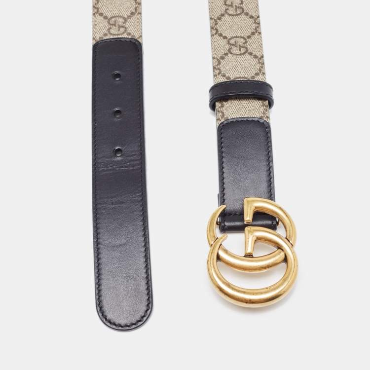 Pre Owned Gucci Black/Beige Canvas Coated and Leather GG Marmont Belt 75CM