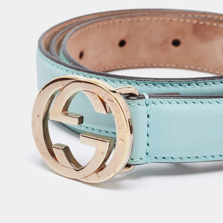 Pre Owned Gucci Green Leather Interlocking G Buckle Slim Belt 85CM