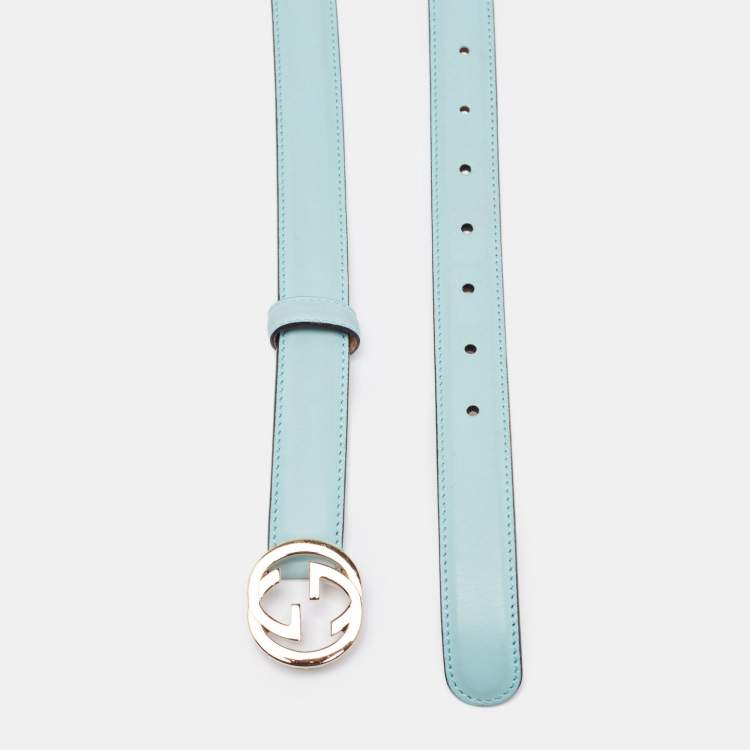 Pre Owned Gucci Green Leather Interlocking G Buckle Slim Belt 85CM