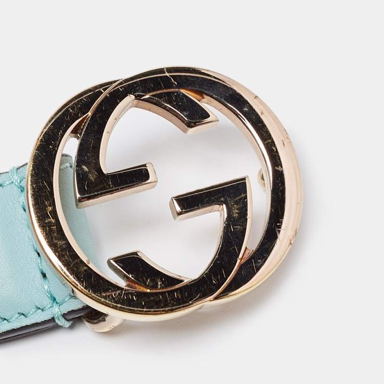 Pre Owned Gucci Green Leather Interlocking G Buckle Slim Belt 85CM