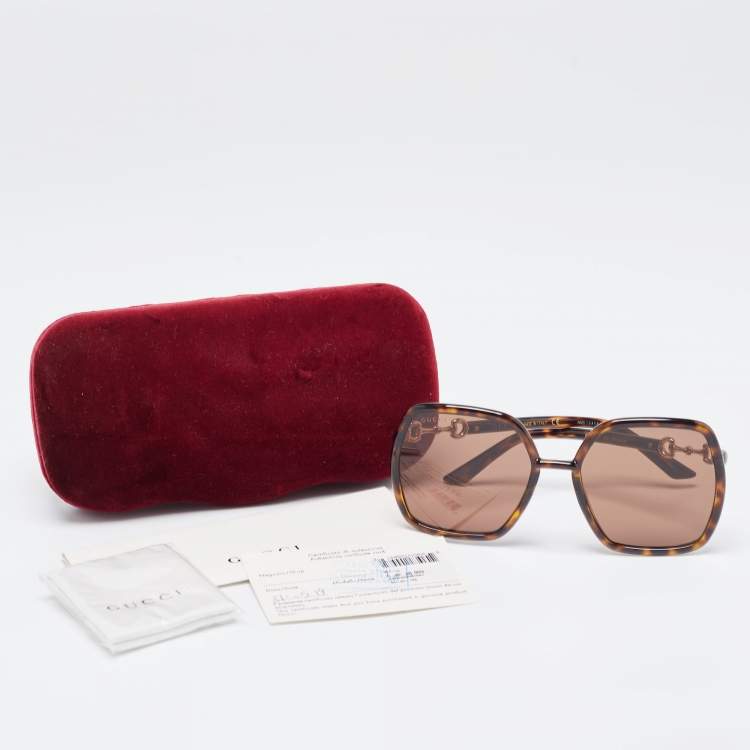 Pre Owned Gucci Brown Tortoise GG0890S Horsebit Square Sunglasses