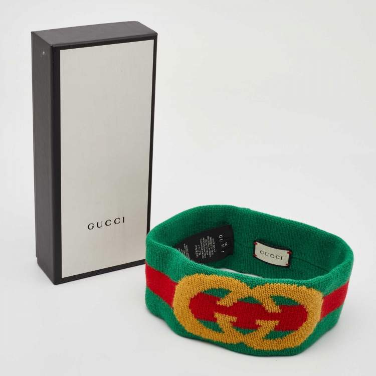 Pre Owned Gucci Green Web Stripe Wool Knit Interlocking Logo Head Band M