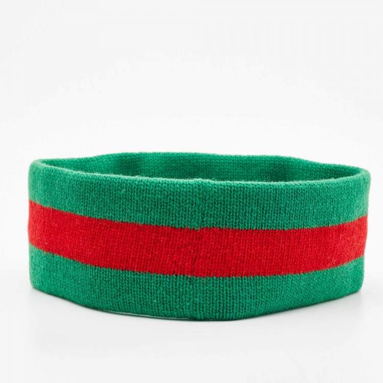 Pre Owned Gucci Green Web Stripe Wool Knit Interlocking Logo Head Band M