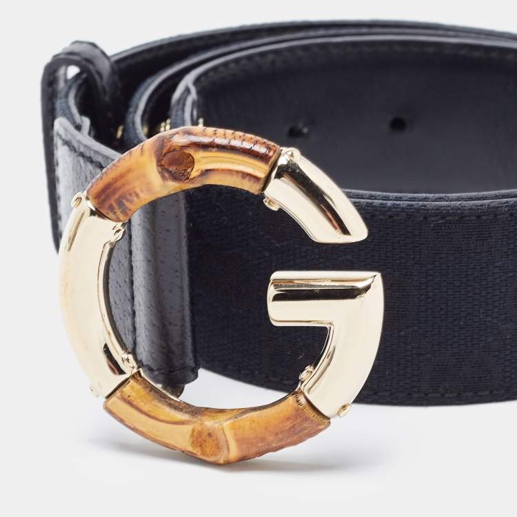 Pre Owned Gucci Black GG Canvas and Leather Bamboo G Buckle Belt 85CM