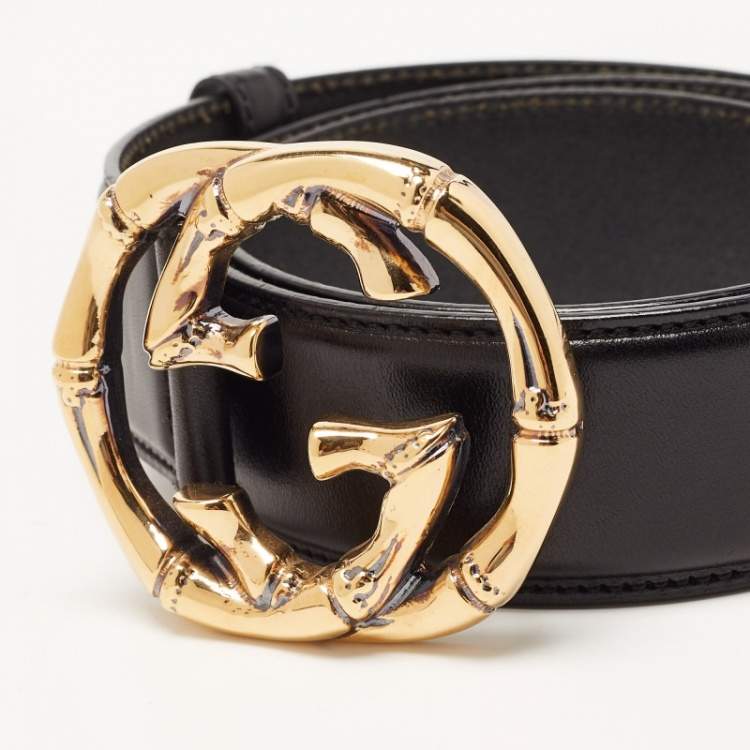 مملوكة مسبقًا Gucci Black Leather Metal Bamboo Interlocking G Belt 80CM