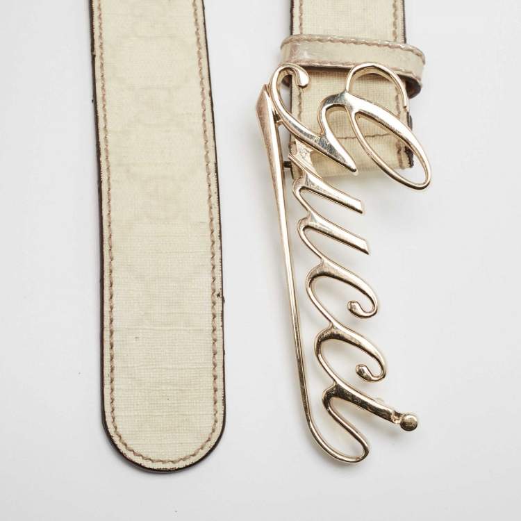 Pre Owned Gucci Off-white GG Supreme Canvas and Leather Logo Belt 85 CM