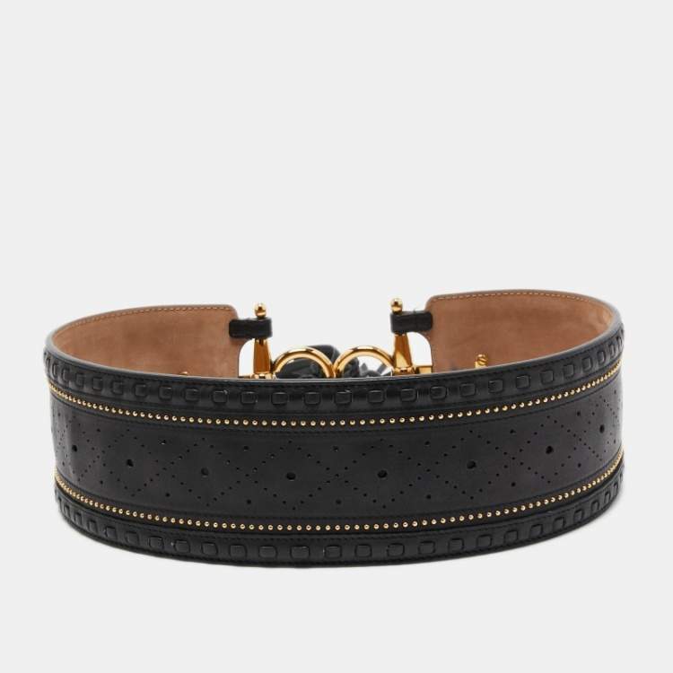 Pre Owned Gucci Black Leather Embellished Waist Belt 75 CM