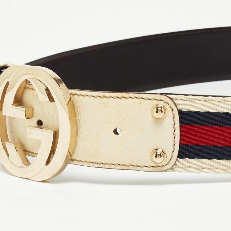 Pre Owned Gucci White Leather Web Detail Interlocking G Buckle Belt 85CM