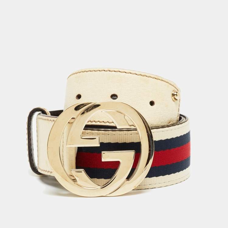 Pre Owned Gucci White Leather Web Detail Interlocking G Buckle Belt 85CM