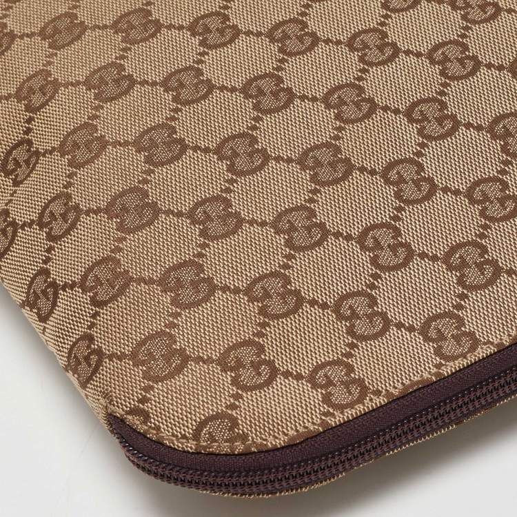 Pre Owned حقيبة لابتوب غوتشي شعار متشابك كانفاس سوبريم GG بنية/ بيج