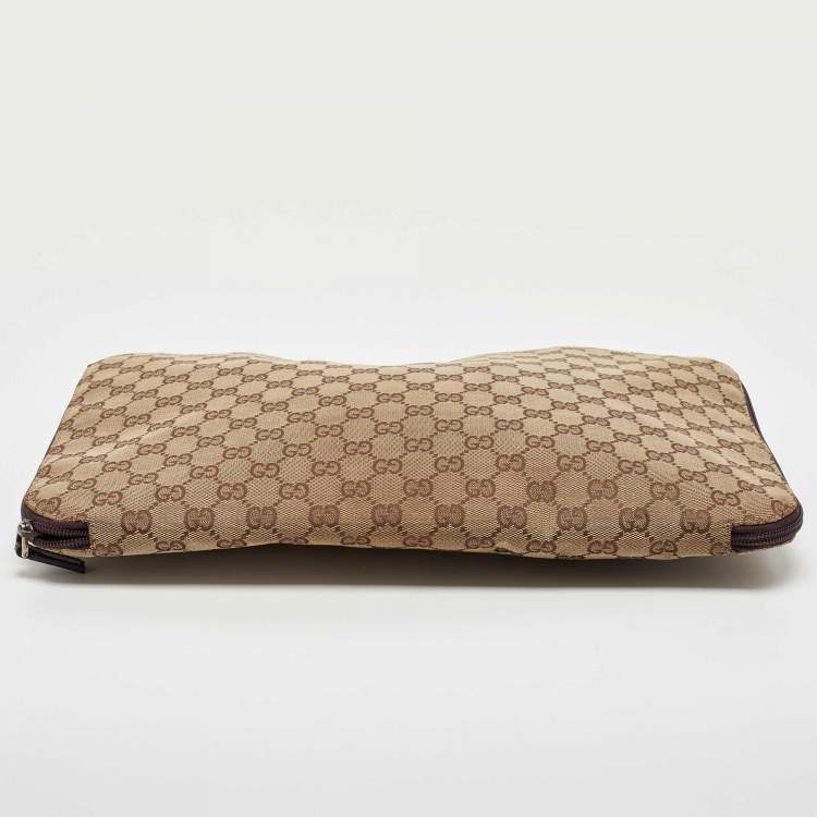 Pre Owned حقيبة لابتوب غوتشي شعار متشابك كانفاس سوبريم GG بنية/ بيج