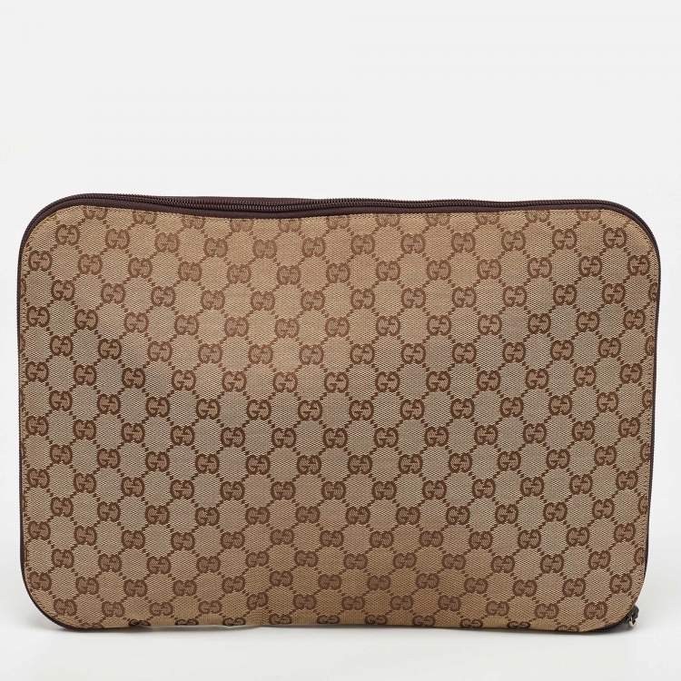 Pre Owned حقيبة لابتوب غوتشي شعار متشابك كانفاس سوبريم GG بنية/ بيج