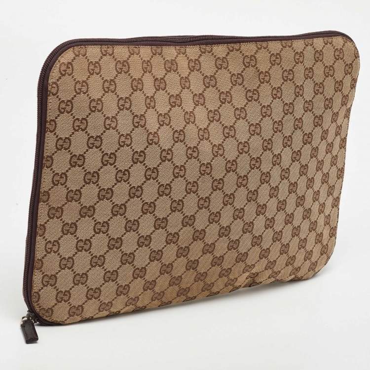 Pre Owned حقيبة لابتوب غوتشي شعار متشابك كانفاس سوبريم GG بنية/ بيج