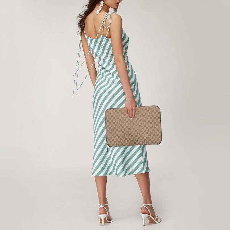 Pre Owned حقيبة لابتوب غوتشي شعار متشابك كانفاس سوبريم GG بنية/ بيج