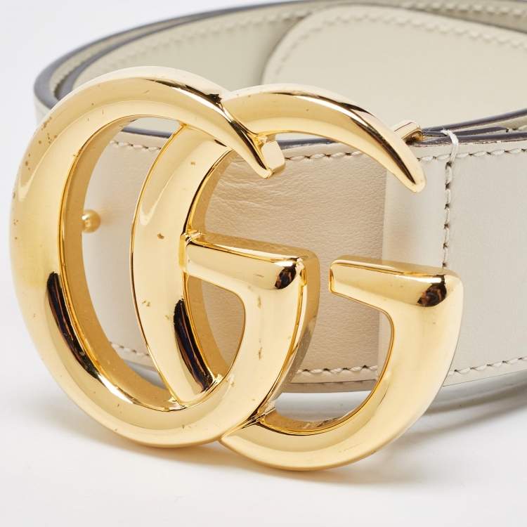 Pre Owned Gucci Off White Leather GG Marmont Buckle Belt 65CM