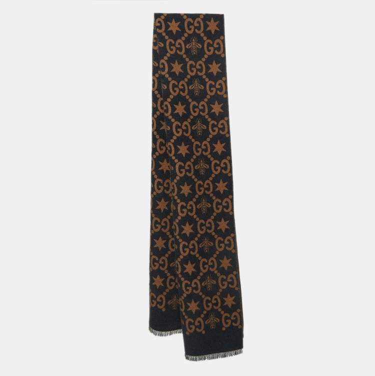 Gucci Black Wool Cashmere Silk Long Scarf with BRB Web and Bee –