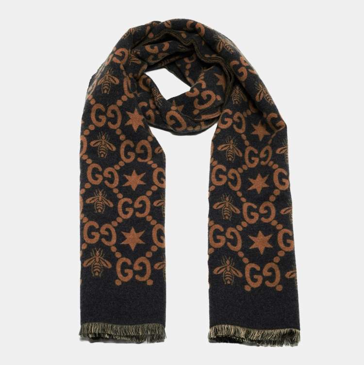 Pre Owned Gucci Black GG Bee Stars Patterned Wool Scarf