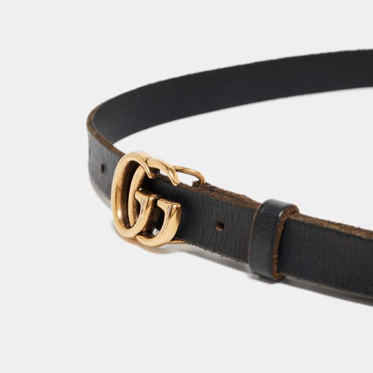Pre Owned Gucci Black Leather Double G Buckle Slim Belt 80 CM