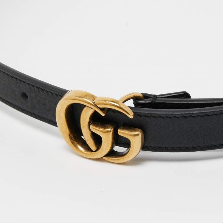 Pre Owned Gucci Black Leather Double G Buckle Slim Belt 80 CM