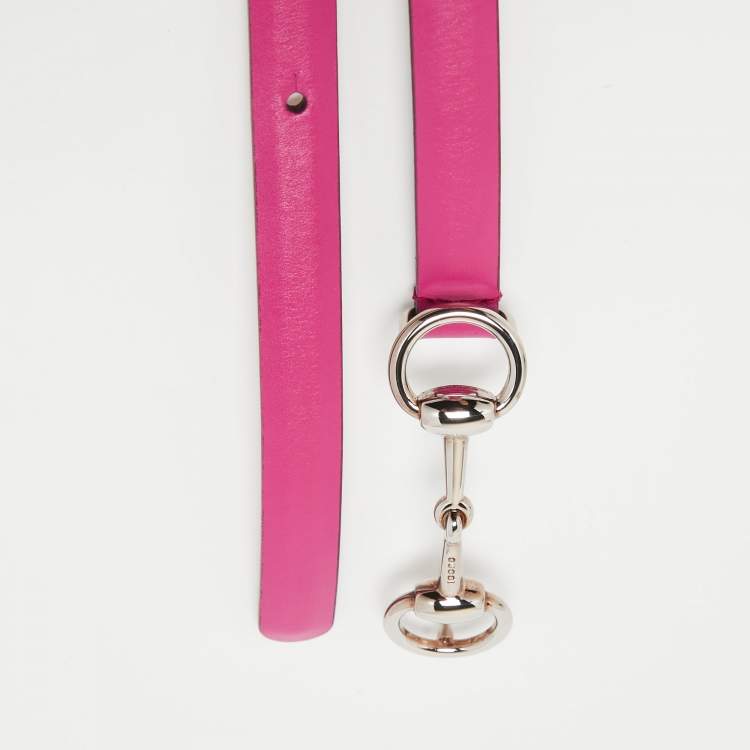 Pre Owned Gucci Pink Leather Horsebit Buckle Slim Belt 80 CM
