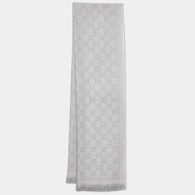 Pre Owned Gucci Grey GG Patterned Wool Fringed Scarf