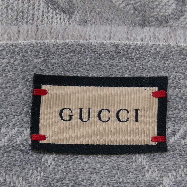 Pre Owned Gucci Grey GG Patterned Wool Fringed Scarf