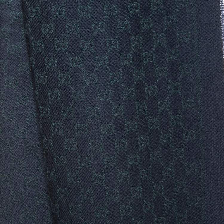 Pre Owned Gucci Navy Blue GG Jacquard Wool Fringed Scarf