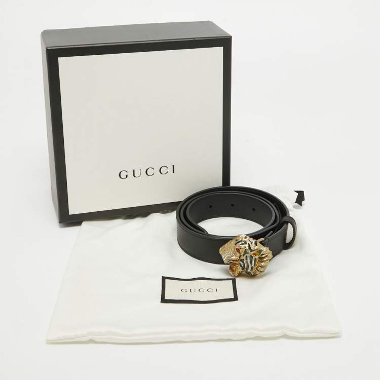 Pre Owned Gucci Black Leather Tiger Head Buckle Belt 80CM