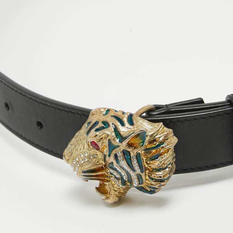 Pre Owned Gucci Black Leather Tiger Head Buckle Belt 80CM
