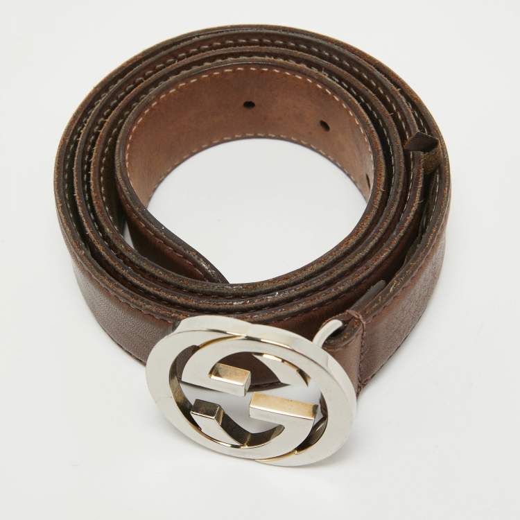 Pre Owned Gucci Dark Brown Leather Interlocking G Belt 90CM