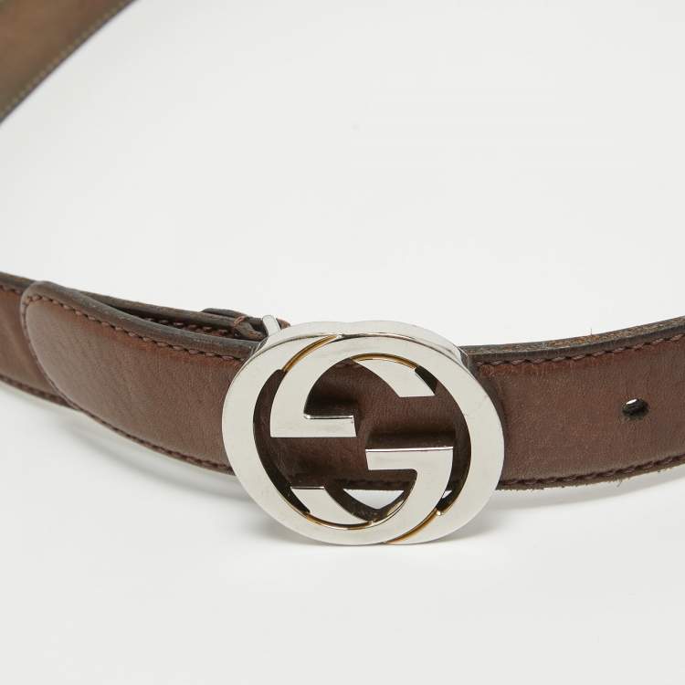 Pre Owned Gucci Dark Brown Leather Interlocking G Belt 90CM