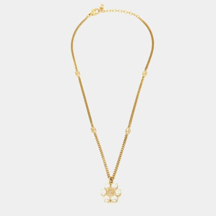 Pre Owned Gucci GG Marmont Faux Pearl Gold Tone Necklace