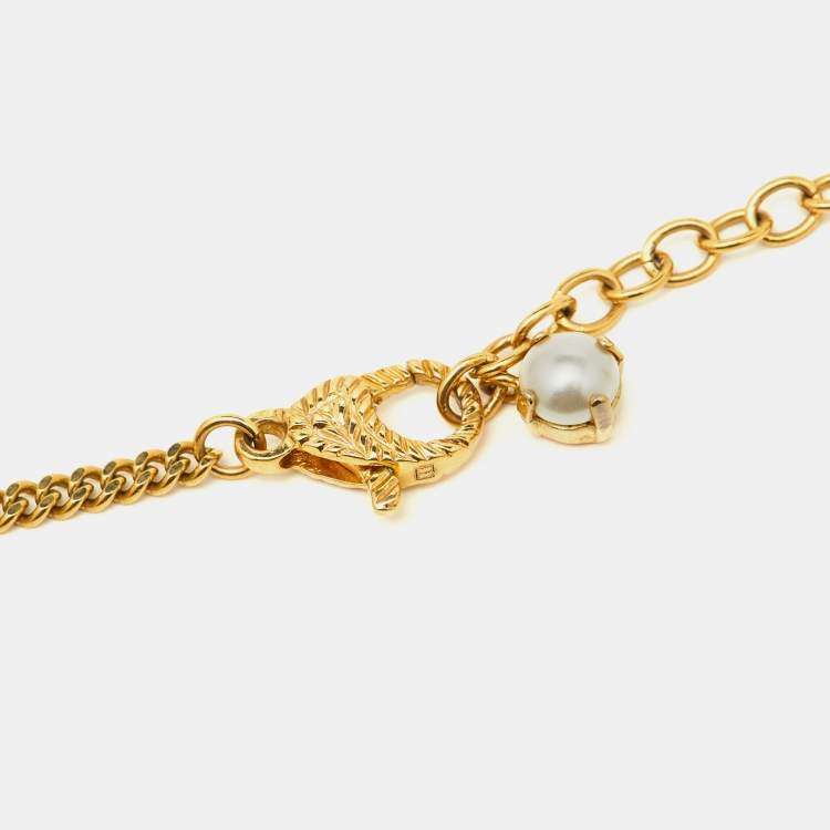 Pre Owned Gucci GG Marmont Faux Pearl Gold Tone Necklace