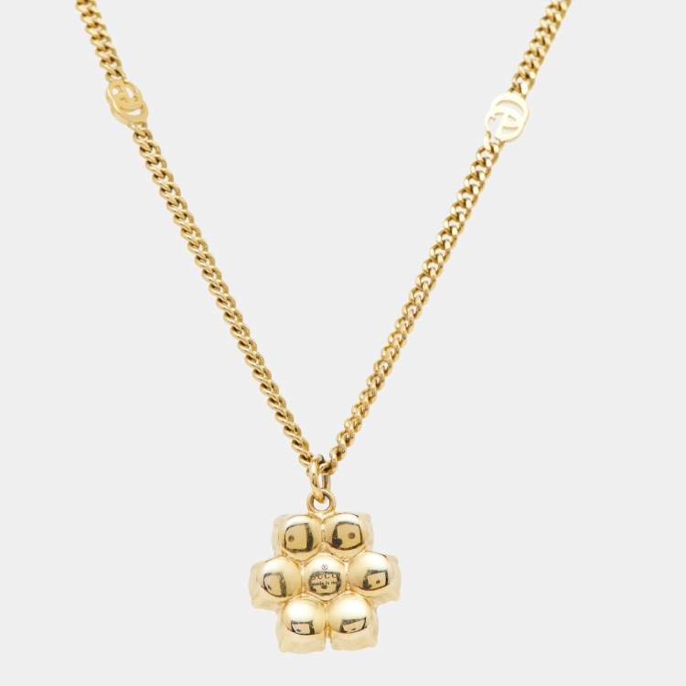 Pre Owned Gucci GG Marmont Faux Pearl Gold Tone Necklace