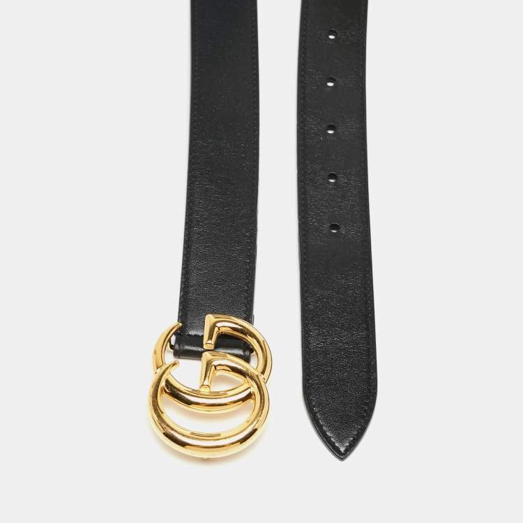 Pre Owned Gucci Black Leather Double G Buckle Belt 95CM