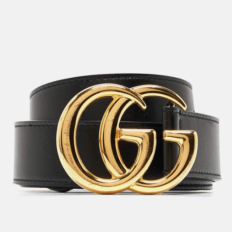 Pre Owned Gucci Black Leather Double G Buckle Belt 95CM