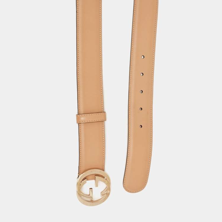 Pre Owned Gucci Beige Leather Interlocking G Buckle Belt 90 CM