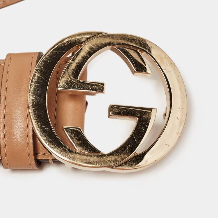 Pre Owned Gucci Beige Leather Interlocking G Buckle Belt 90 CM