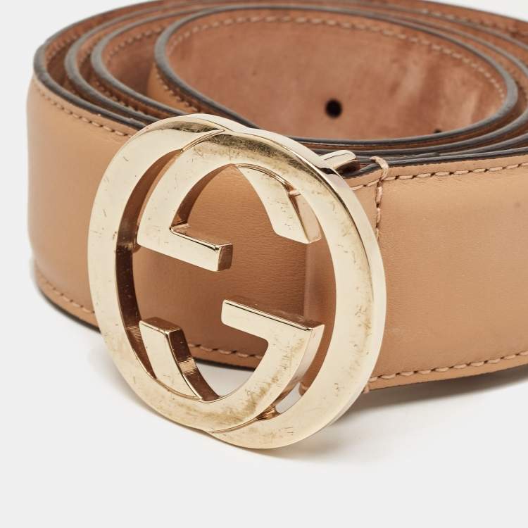 Pre Owned Gucci Beige Leather Interlocking G Buckle Belt 90 CM