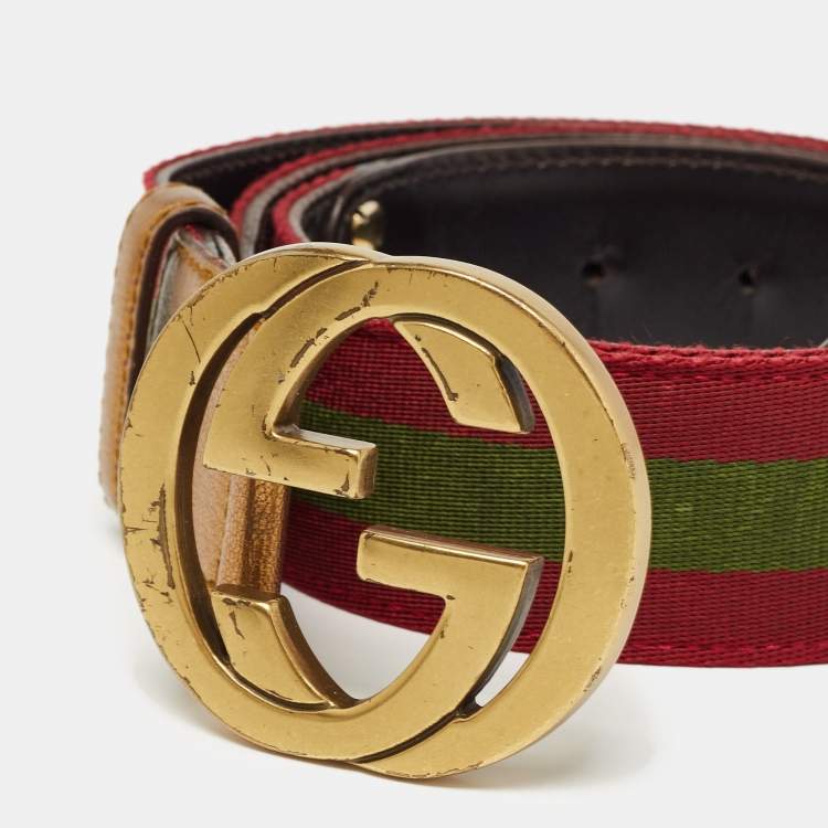 Pre Owned Gucci Burgundy Leather and Web Detail Interlocking GG Buckle Belt 95 CM