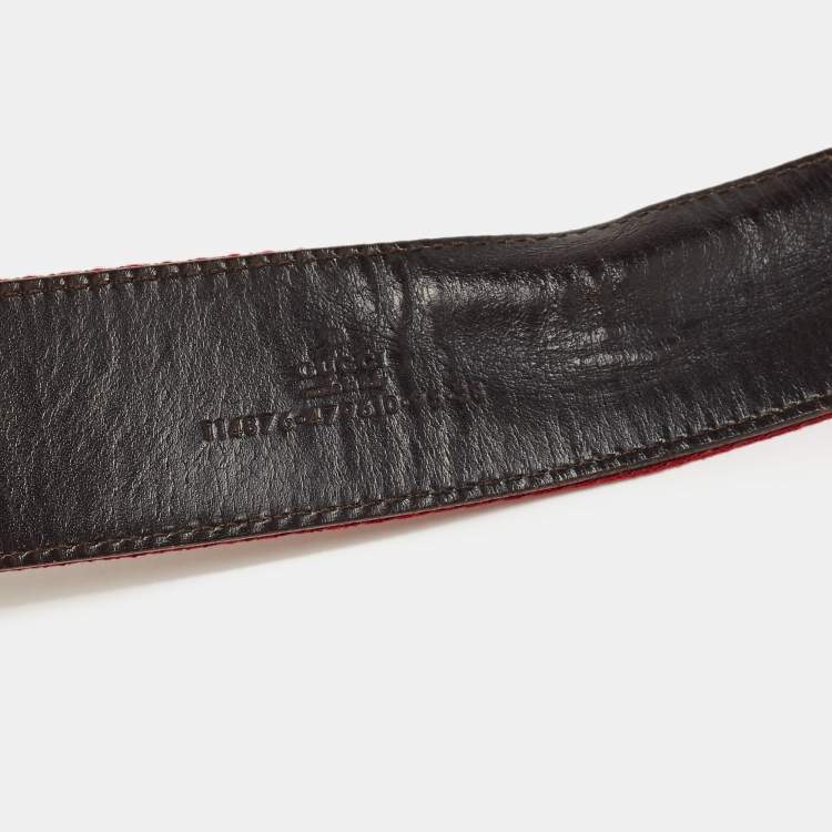 Pre Owned Gucci Burgundy Leather and Web Detail Interlocking GG Buckle Belt 95 CM