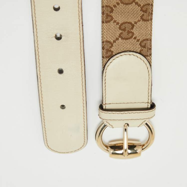 Pre Owned Gucci Beige/Cream GG Canvas and Leather Horsebit Ring Buckle Belt 85 CM