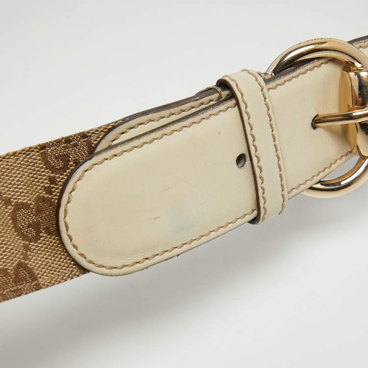 Pre Owned Gucci Beige/Cream GG Canvas and Leather Horsebit Ring Buckle Belt 85 CM