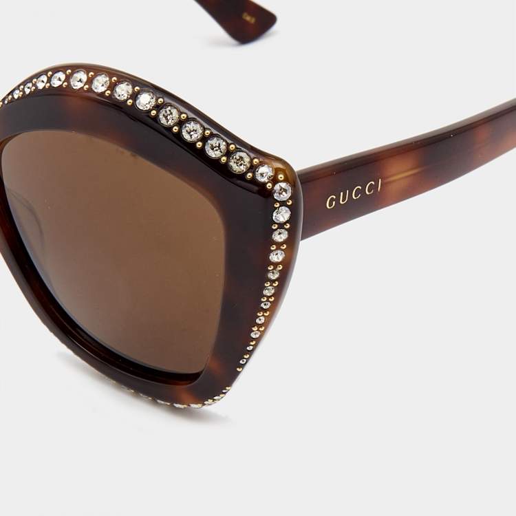 Pre Owned Gucci Brown Gradient GG 0118S Crystals Embellished Cat Eye Sunglasses