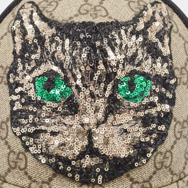 Pre Owned Gucci Beige GG Coated Canvas & Mesh Mystic Cat Applique Baseball Cap S