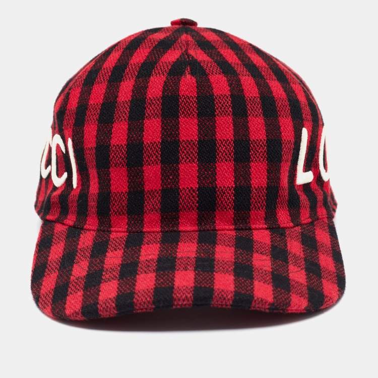 Pre Owned Gucci Red/Black Loved Gingham Flannel Baseball Cap S