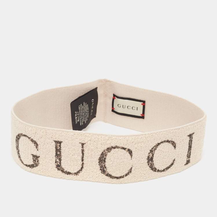 Pre Owned Gucci Beige Logo Patterned Stretch Knit Head Band 